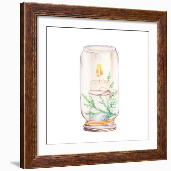 Vintage Christmas Decor. Watercolor Glass Jar with Candle Light and Christmas Tree Branches-Eisfrei-Framed Art Print