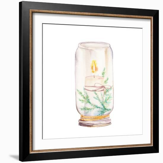 Vintage Christmas Decor. Watercolor Glass Jar with Candle Light and Christmas Tree Branches-Eisfrei-Framed Art Print