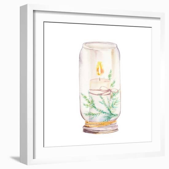 Vintage Christmas Decor. Watercolor Glass Jar with Candle Light and Christmas Tree Branches-Eisfrei-Framed Art Print