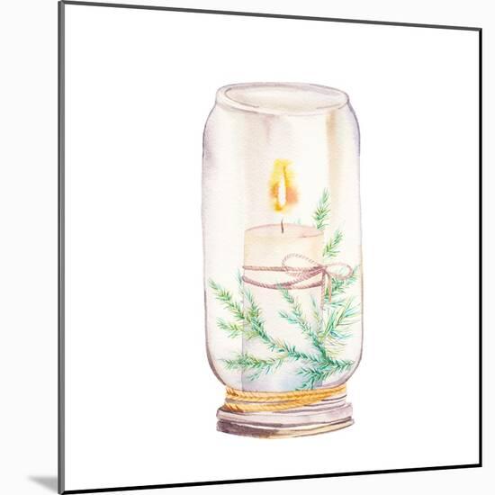 Vintage Christmas Decor. Watercolor Glass Jar with Candle Light and Christmas Tree Branches-Eisfrei-Mounted Art Print