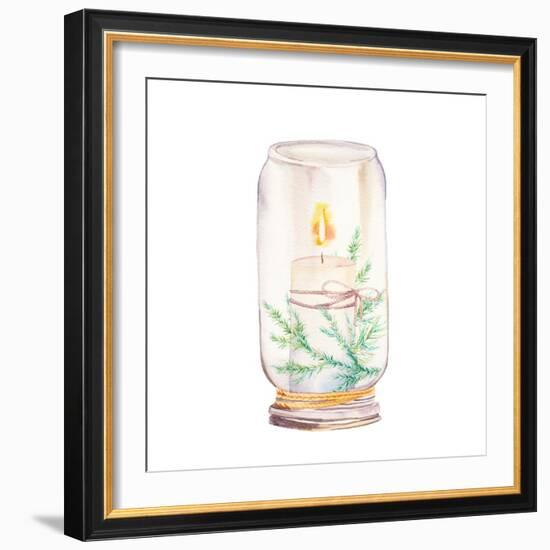 Vintage Christmas Decor. Watercolor Glass Jar with Candle Light and Christmas Tree Branches-Eisfrei-Framed Art Print