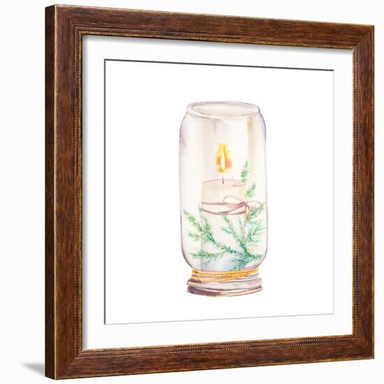 Vintage Christmas Decor. Watercolor Glass Jar with Candle Light and Christmas Tree Branches-Eisfrei-Framed Premium Giclee Print