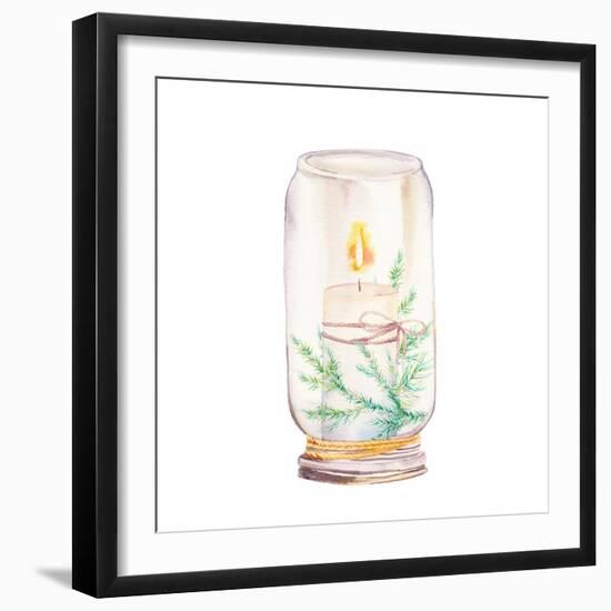 Vintage Christmas Decor. Watercolor Glass Jar with Candle Light and Christmas Tree Branches-Eisfrei-Framed Premium Giclee Print