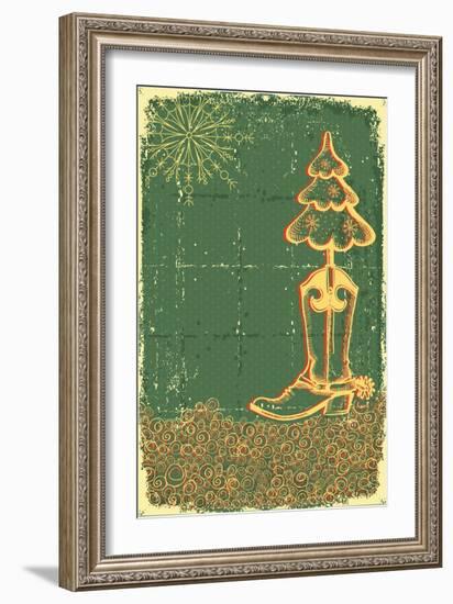 Vintage Christmas Green Card with Cowboy Boot and Fir-Tree on Old Papaer Texture-GeraKTV-Framed Art Print