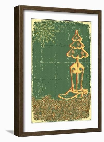 Vintage Christmas Green Card with Cowboy Boot and Fir-Tree on Old Papaer Texture-GeraKTV-Framed Art Print