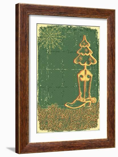 Vintage Christmas Green Card with Cowboy Boot and Fir-Tree on Old Papaer Texture-GeraKTV-Framed Art Print