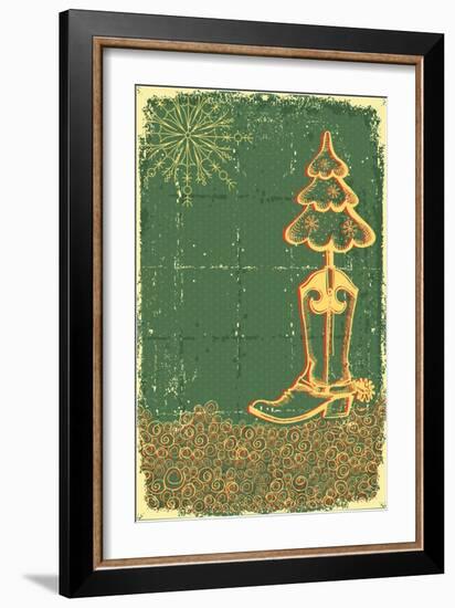 Vintage Christmas Green Card with Cowboy Boot and Fir-Tree on Old Papaer Texture-GeraKTV-Framed Art Print