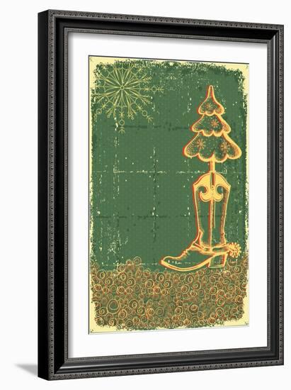 Vintage Christmas Green Card with Cowboy Boot and Fir-Tree on Old Papaer Texture-GeraKTV-Framed Art Print