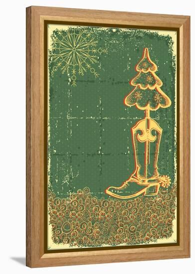 Vintage Christmas Green Card with Cowboy Boot and Fir-Tree on Old Papaer Texture-GeraKTV-Framed Stretched Canvas