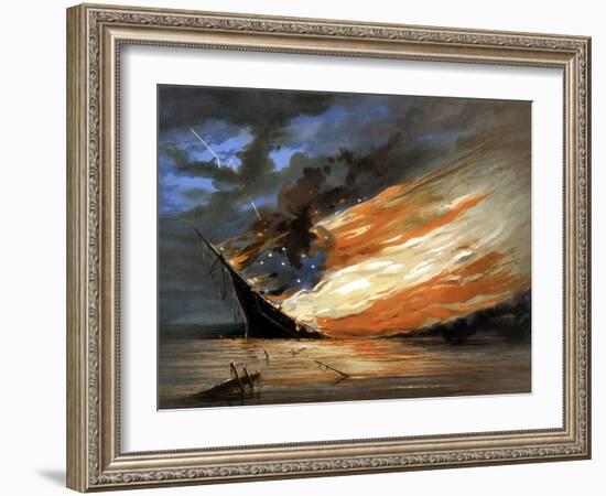 Vintage Civil War Painting of a Warship Burning in a Calm Sea-Stocktrek Images-Framed Photographic Print