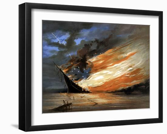 Vintage Civil War Painting of a Warship Burning in a Calm Sea-Stocktrek Images-Framed Photographic Print