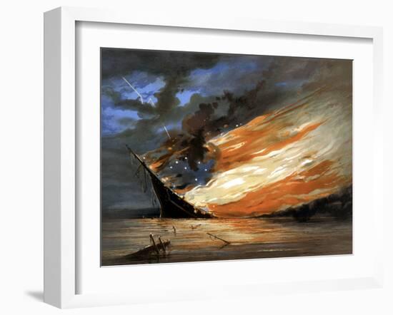 Vintage Civil War Painting of a Warship Burning in a Calm Sea-Stocktrek Images-Framed Photographic Print