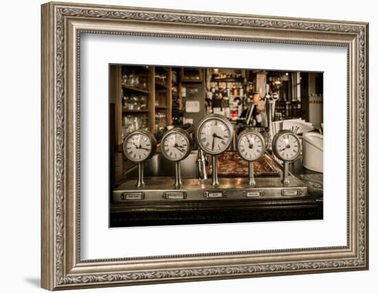 Vintage Clocks on a Bar Counter in a Pub-NejroN Photo-Framed Photographic Print