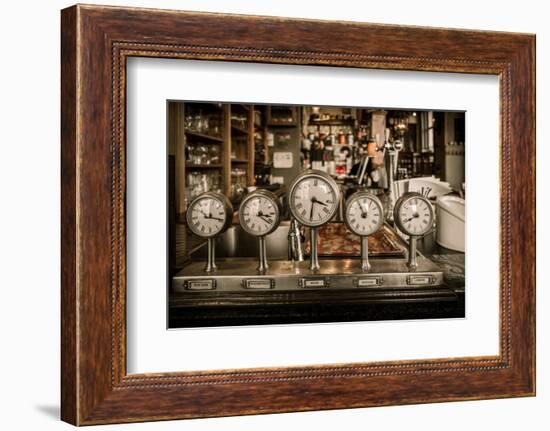 Vintage Clocks on a Bar Counter in a Pub-NejroN Photo-Framed Photographic Print