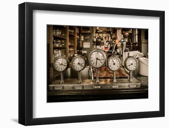 Vintage Clocks on a Bar Counter in a Pub-NejroN Photo-Framed Photographic Print