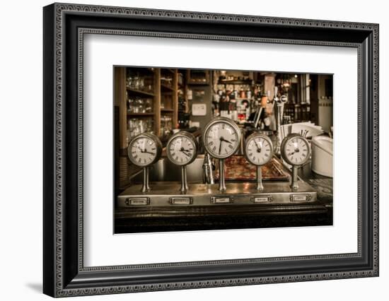Vintage Clocks on a Bar Counter in a Pub-NejroN Photo-Framed Photographic Print