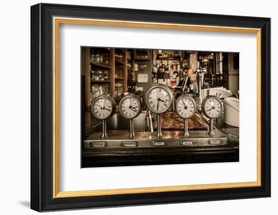 Vintage Clocks on a Bar Counter in a Pub-NejroN Photo-Framed Photographic Print