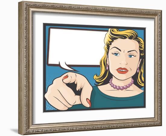 Vintage Comic Style Pointing Woman-jorgenmac-Framed Art Print