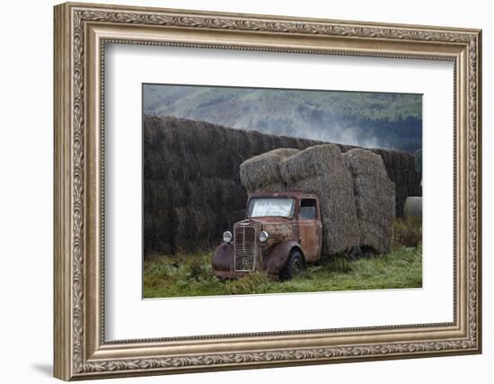 Vintage Commer truck with hay bales, Hawea Flat, near Wanaka, Otago, South Island, New Zealand-David Wall-Framed Photographic Print