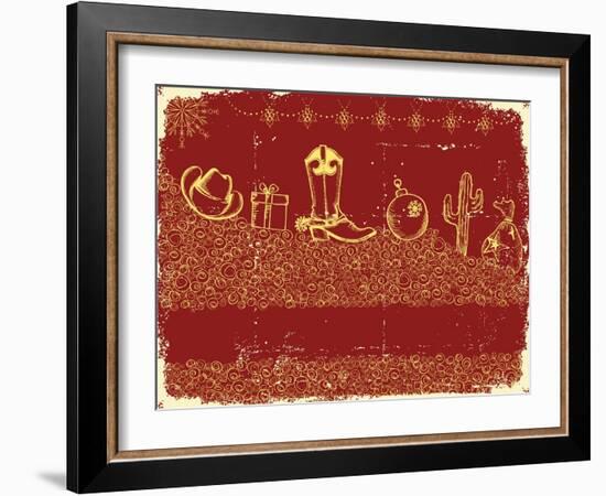 Vintage Cowboy Christmas Background with Holiday Elements and Decoration-GeraKTV-Framed Art Print