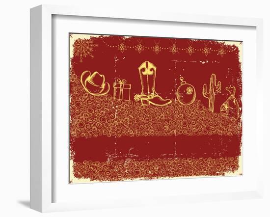 Vintage Cowboy Christmas Background with Holiday Elements and Decoration-GeraKTV-Framed Art Print