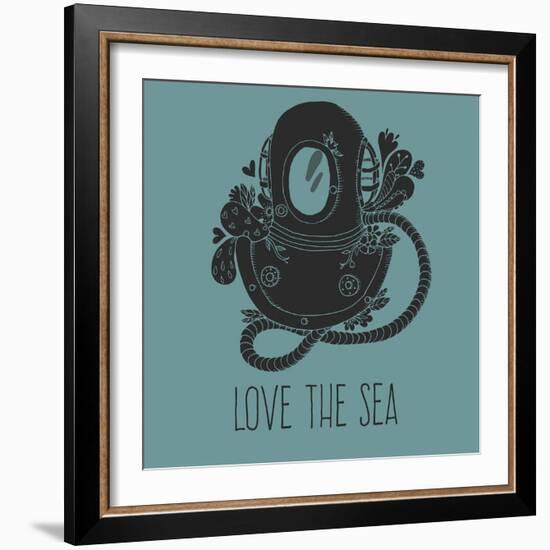 Vintage Driving Suit with Abstract Elements and Flowers Card. Love the Sea Vector Illustration-Maria Sem-Framed Art Print