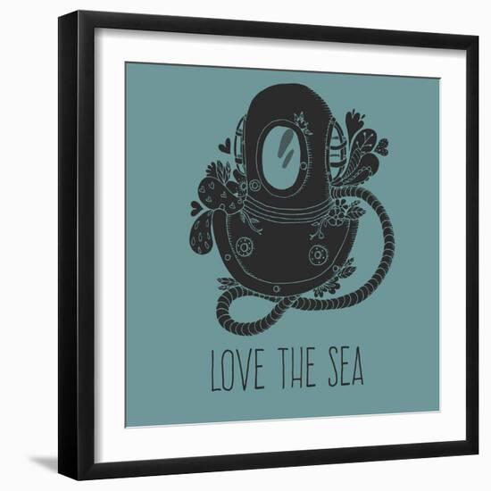 Vintage Driving Suit with Abstract Elements and Flowers Card. Love the Sea Vector Illustration-Maria Sem-Framed Art Print