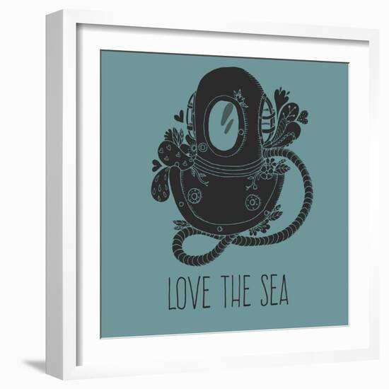 Vintage Driving Suit with Abstract Elements and Flowers Card. Love the Sea Vector Illustration-Maria Sem-Framed Art Print