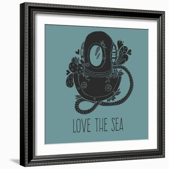 Vintage Driving Suit with Abstract Elements and Flowers Card. Love the Sea Vector Illustration-Maria Sem-Framed Art Print