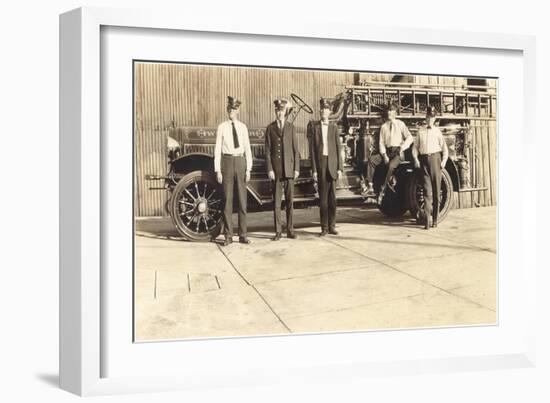 Vintage Fire Engine and Crew-null-Framed Art Print