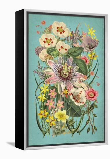 Vintage Flowers on Teal-null-Framed Stretched Canvas