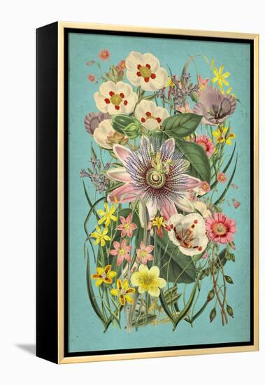 Vintage Flowers on Teal-null-Framed Stretched Canvas