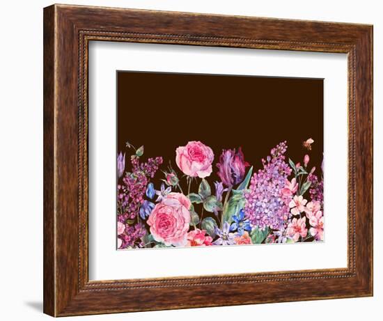 Vintage Garden Watercolor Spring Seamless Border with Purple Flowers, Lilacs, Tulips, Scilla and Be-Varvara Kurakina-Framed Premium Giclee Print