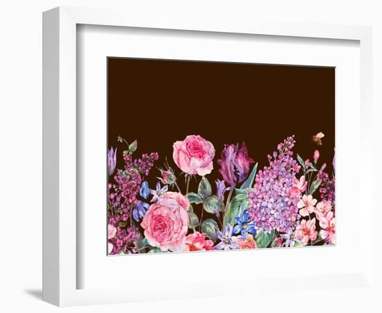 Vintage Garden Watercolor Spring Seamless Border with Purple Flowers, Lilacs, Tulips, Scilla and Be-Varvara Kurakina-Framed Premium Giclee Print
