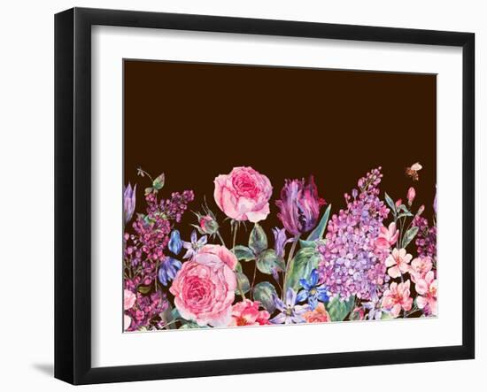 Vintage Garden Watercolor Spring Seamless Border with Purple Flowers, Lilacs, Tulips, Scilla and Be-Varvara Kurakina-Framed Art Print