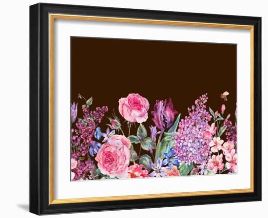 Vintage Garden Watercolor Spring Seamless Border with Purple Flowers, Lilacs, Tulips, Scilla and Be-Varvara Kurakina-Framed Art Print