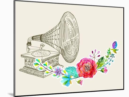 Vintage Gramophone, Record Player Background with Floral Ornament, Beautiful Illustration with Wate-Jane_Lane-Mounted Art Print