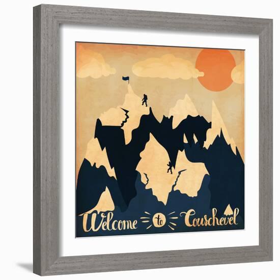 Vintage Handlettering Poster on the Theme of Winter Tourism. Landscape Mountains Welcome to Courche-Alena Dubinets-Framed Art Print