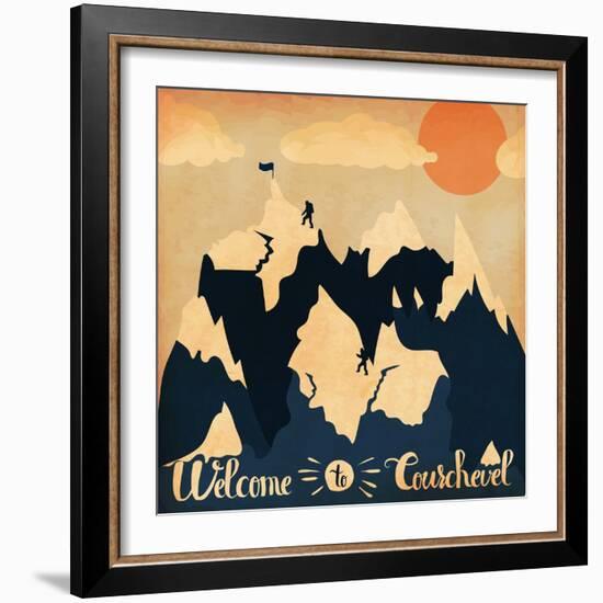 Vintage Handlettering Poster on the Theme of Winter Tourism. Landscape Mountains Welcome to Courche-Alena Dubinets-Framed Art Print