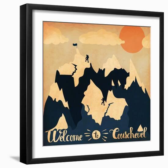 Vintage Handlettering Poster on the Theme of Winter Tourism. Landscape Mountains Welcome to Courche-Alena Dubinets-Framed Art Print