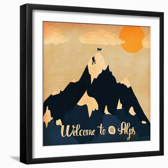 Vintage Handlettering Poster on the Theme of Winter Tourism. Landscape Mountains Welcome to the Alp-Alena Dubinets-Framed Art Print