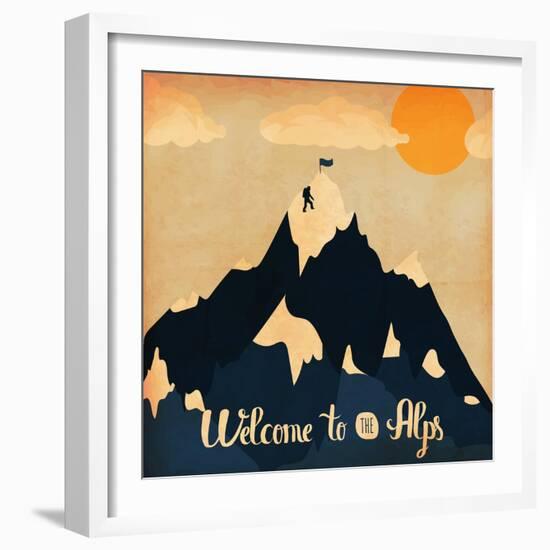 Vintage Handlettering Poster on the Theme of Winter Tourism. Landscape Mountains Welcome to the Alp-Alena Dubinets-Framed Art Print