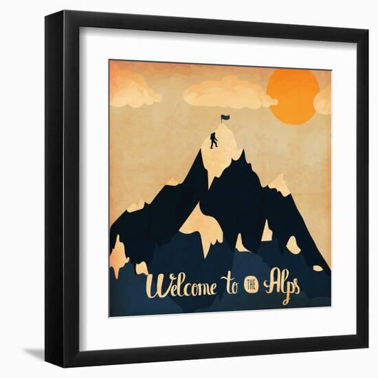 Vintage Handlettering Poster on the Theme of Winter Tourism. Landscape Mountains Welcome to the Alp-Alena Dubinets-Framed Art Print