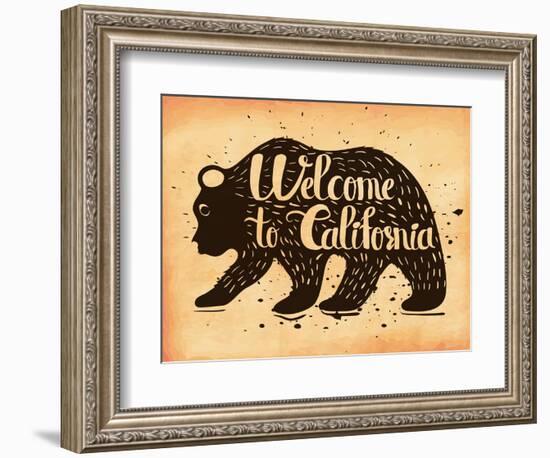 Vintage Handlettering the Poster California Usa. the Silhouette of a Wild Bear with Text. Vector Il-Alena Dubinets-Framed Art Print