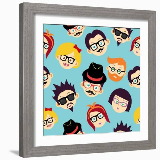 Vintage Hipsters Faces Pattern-cienpies-Framed Art Print