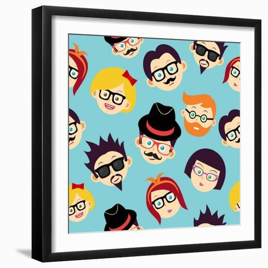 Vintage Hipsters Faces Pattern-cienpies-Framed Art Print