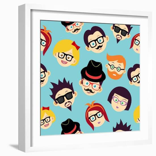 Vintage Hipsters Faces Pattern-cienpies-Framed Art Print