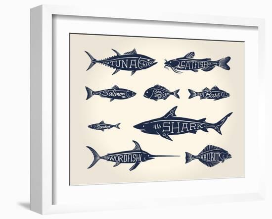 Vintage Illustration of Fish with Names in Tattoo Style over White Background-hauvi-Framed Art Print