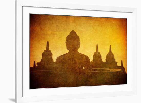 Vintage Image Of Buddha Statue At Borobudur Temple, Java, Indonesia-javarman-Framed Art Print