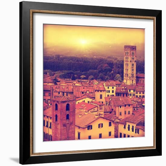 Vintage Image of Lucca at Sunset, Old Town in Tuscany.-Elenamiv-Framed Photographic Print